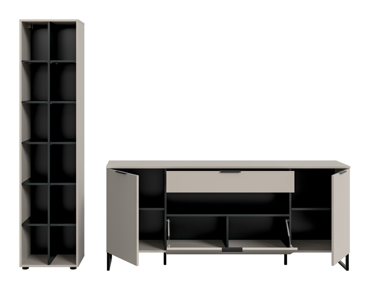 Modernes Sideboard und hoher Schrank in Beige mit schwarzen Innenfächern, geöffneten Türen und Klappe, Frontansicht leicht schräg von vorn auf weißem Hintergrund.