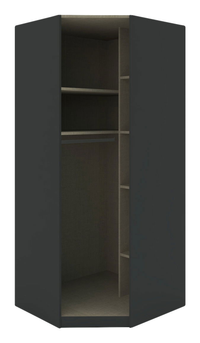 Hom´in Eckschrank Korpus UNIT Eckschrank Korpus 210 in dunkler Farbe, offene Frontansicht mit Regalböden und Kleiderstange.