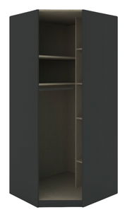Eckschrank Korpus 210 in dunkler Farbe, offene Frontansicht mit Regalböden und Kleiderstange.