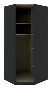 Eckschrank Korpus 210 in dunkler Farbe, offene Frontansicht mit Regalböden und Kleiderstange.