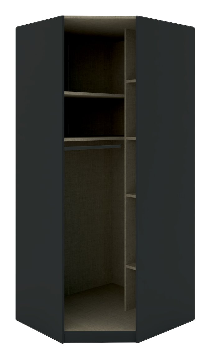 Eckschrank Korpus 210 in dunkler Farbe, offene Frontansicht mit Regalböden und Kleiderstange.