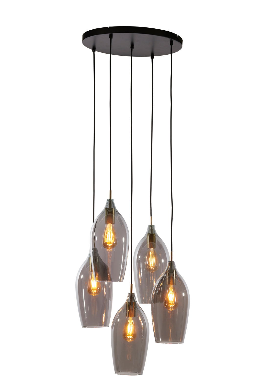 Light&Living Hängeleuchte LUKARO Hängeleuchte mit fünf rauchgrauen Glaskugeln, die von einem schwarzen Baldachin hängen, seitliche Perspektive