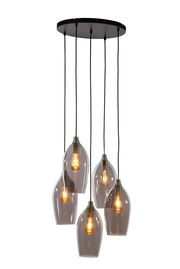 Hängeleuchte mit fünf rauchgrauen Glaskugeln, die von einem schwarzen Baldachin hängen, seitliche Perspektive