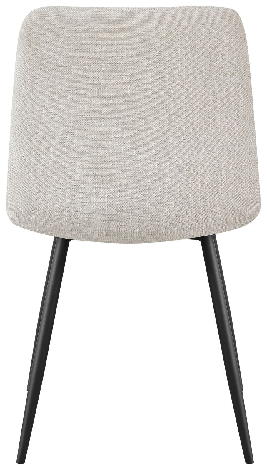 Moderner Stuhl mit hellgrauer Polsterung und schwarzen Metallbeinen, Frontalansicht
