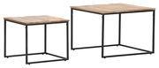 Zweier-Set eckiger Beistelltische mit Holzplatte und Metallgestell, seitliche Perspektive