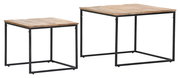 Zweier-Set eckiger Beistelltische mit Holzplatte und Metallgestell, seitliche Perspektive