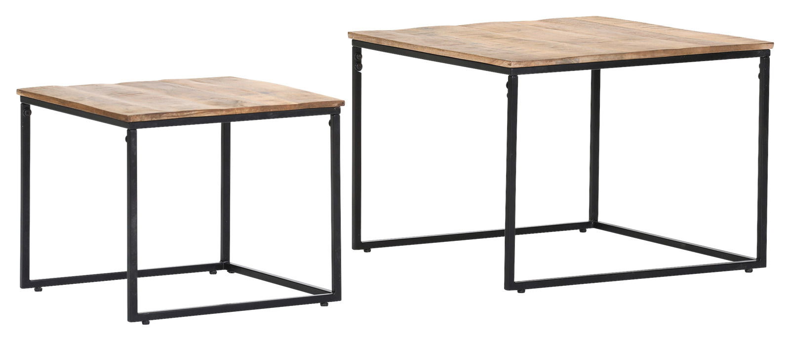 Zweier-Set eckiger Beistelltische mit Holzplatte und Metallgestell, seitliche Perspektive