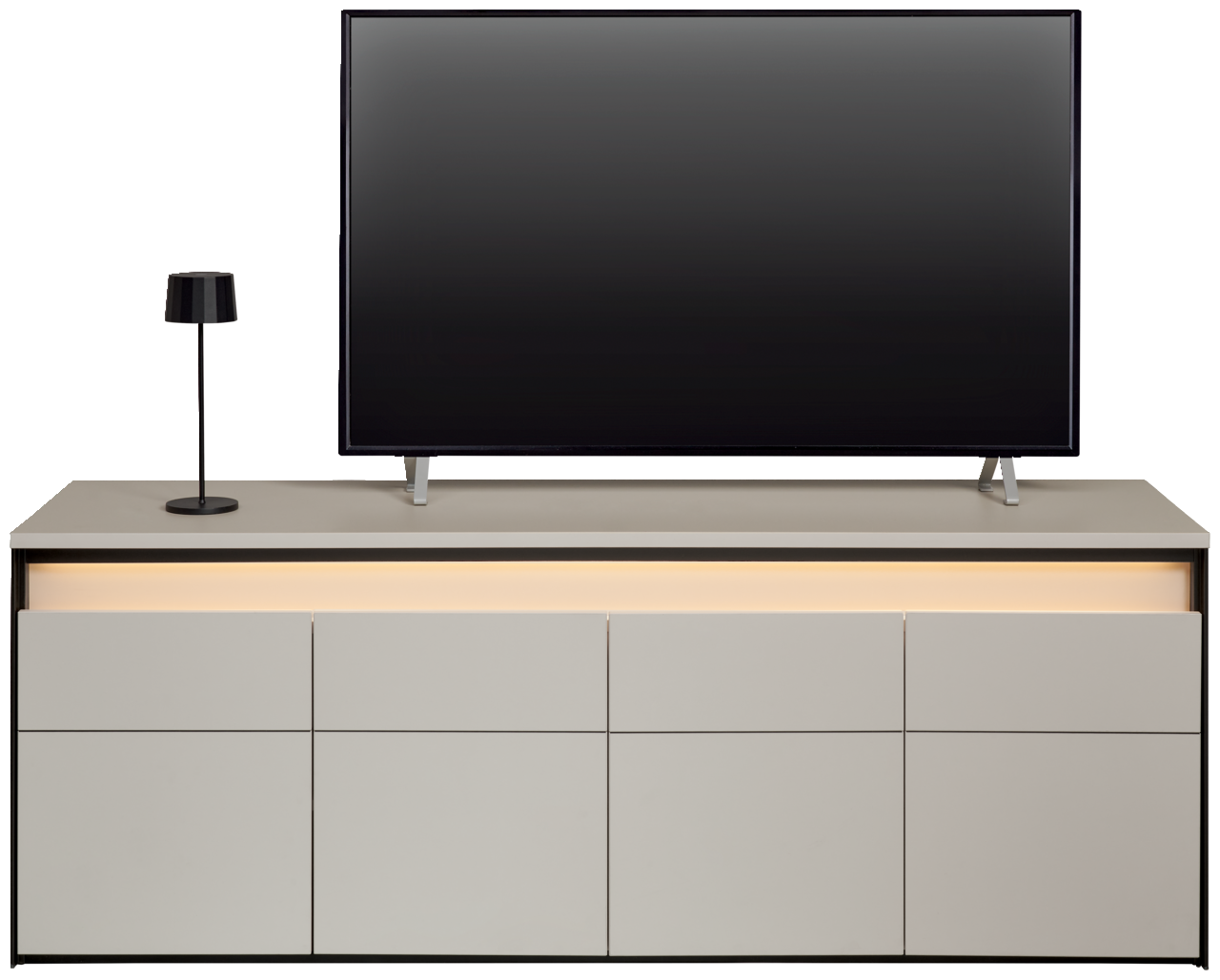 Frontale Ansicht eines modernen TV-Lowboards mit integriertem LED-Licht, einem Flachbildfernseher und einer Tischlampe.
