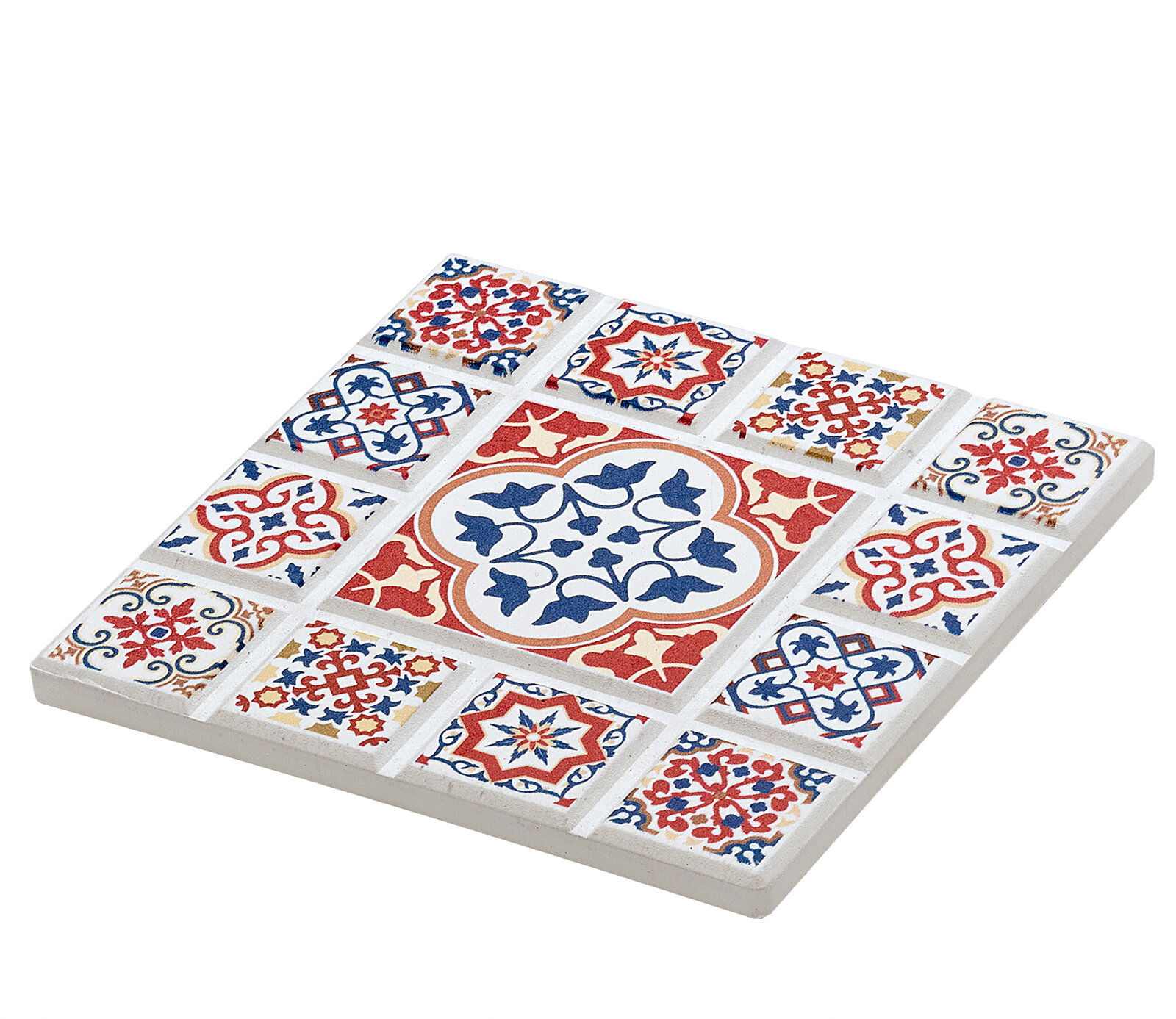 Untersetzer MARRAKESCH Blume mit buntem Mosaikmuster, perspektivisch von oben rechts fotografiert.