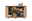 Frontale Ansicht eines modernen Sideboards aus Holz mit offenen und geschlossenen Fächern, dekoriert mit Büchern, Vasen und Schalen.