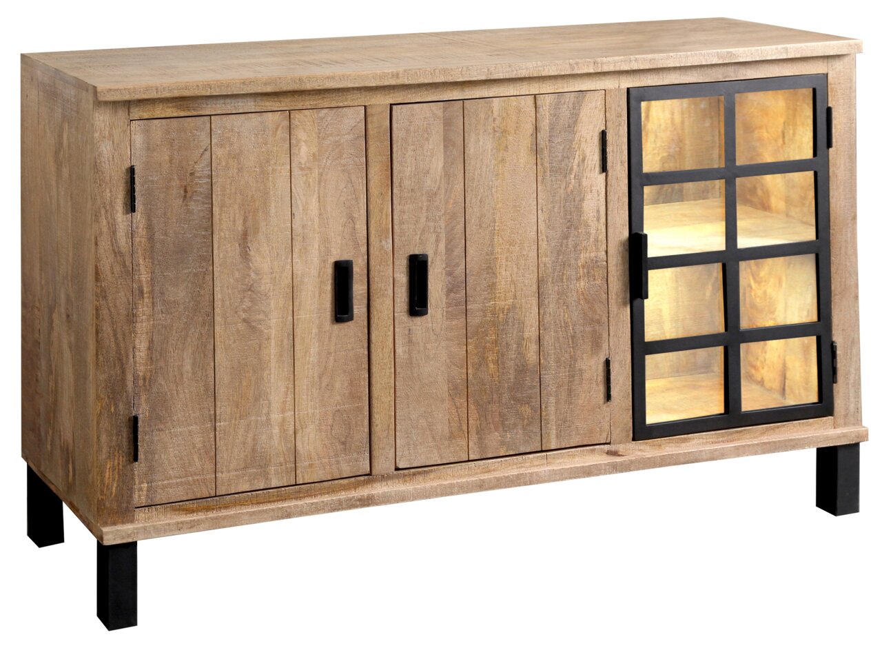 Holz-Sideboard mit zwei Türen und einem Glaseinsatz, Perspektive von vorne