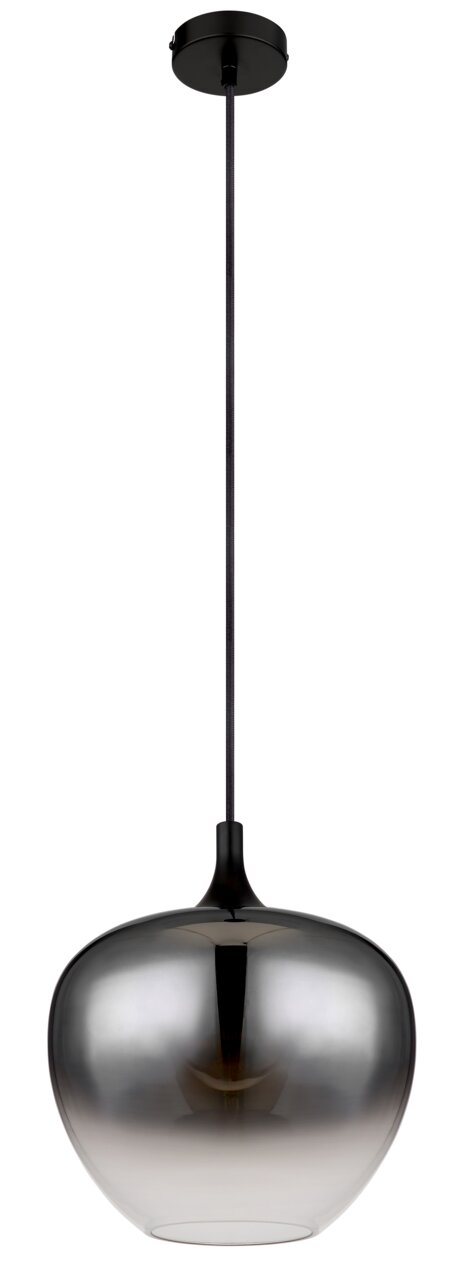 Moderne Hängeleuchte mit rauchgrauem, kugelförmigem Glasschirm, Ansicht von vorne.