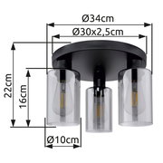 Deckenleuchte mit drei zylindrischen Glaskörpern, schwarze Basis, Frontansicht