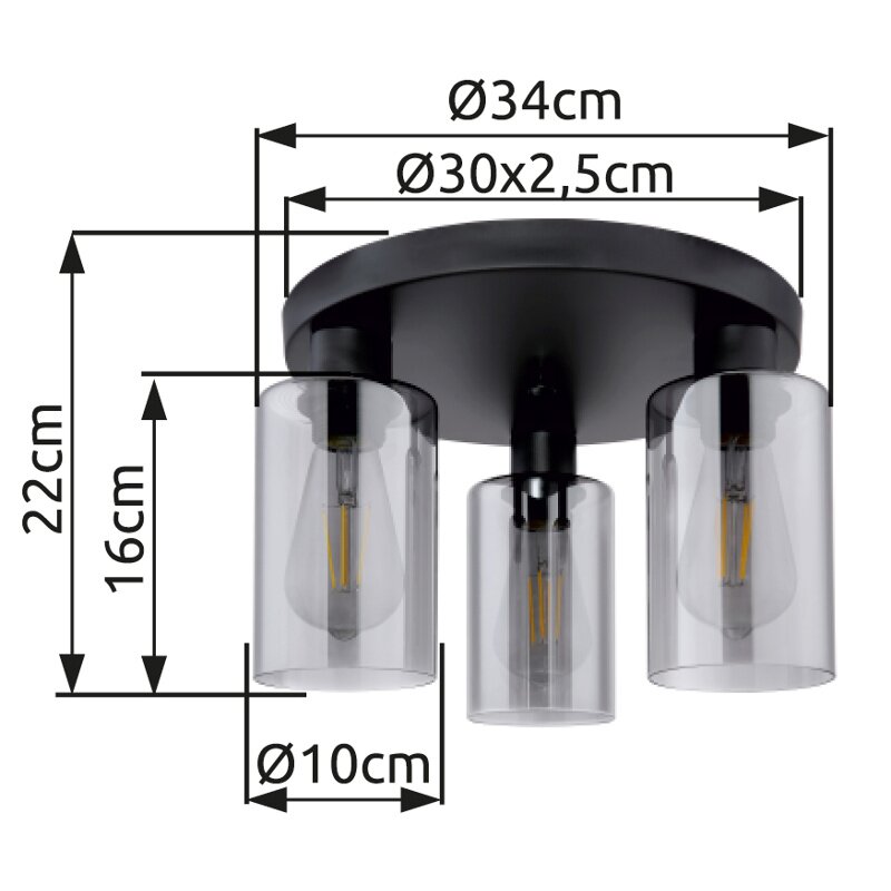 Deckenleuchte mit drei zylindrischen Glaskörpern, schwarze Basis, Frontansicht
