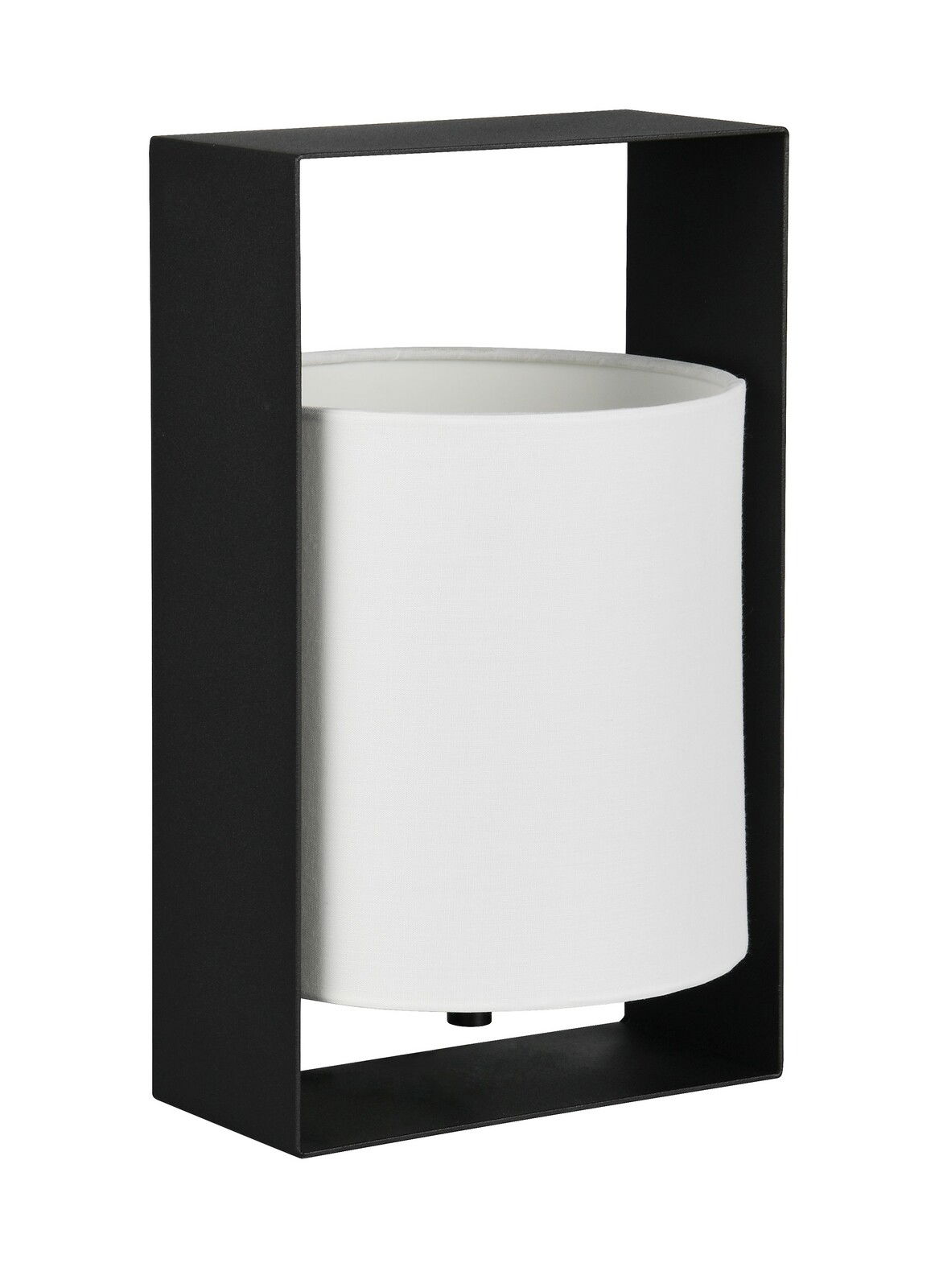 Moderne Tischleuchte mit schwarzem rechteckigem Rahmen und weißem zylindrischem Lampenschirm, seitliche Perspektive