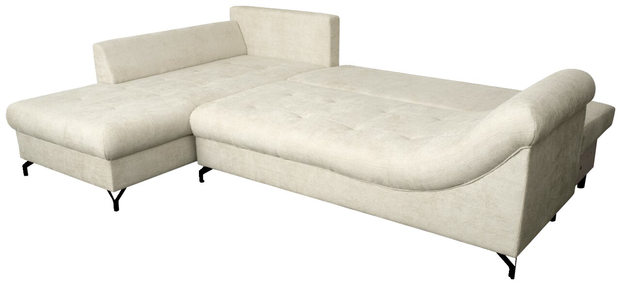 Beige Ecksofa mit Ottomane links, Ansicht von schräg vorne.