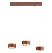 Moderne LED-Hängeleuchte mit drei runden, braunen Lampenschirmen, von vorne betrachtet.