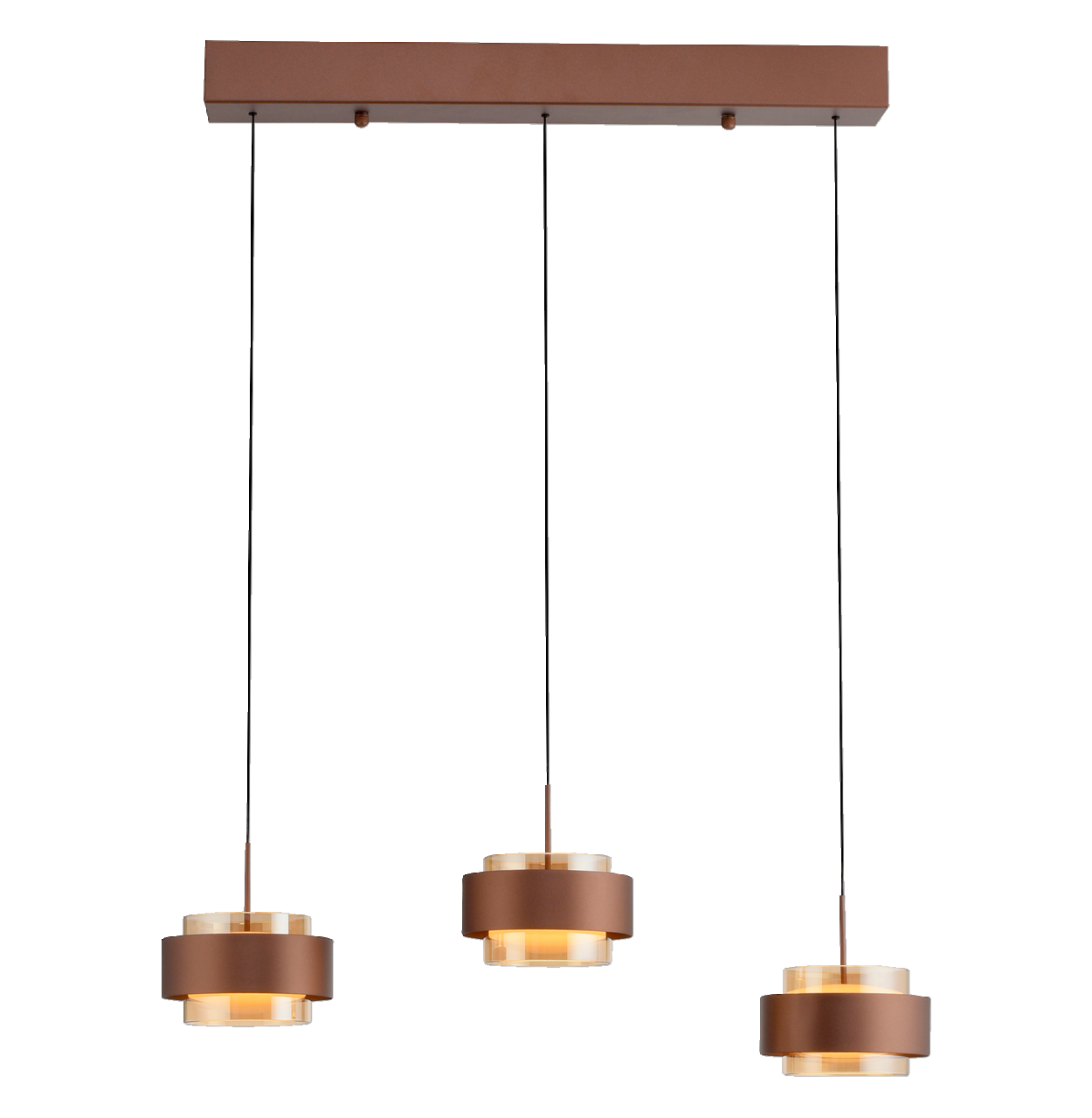 Moderne LED-Hängeleuchte mit drei runden, braunen Lampenschirmen, von vorne betrachtet.