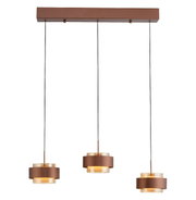 Moderne LED-hanglamp met drie ronde, bruine lampenkappen, gezien vanaf de voorkant.