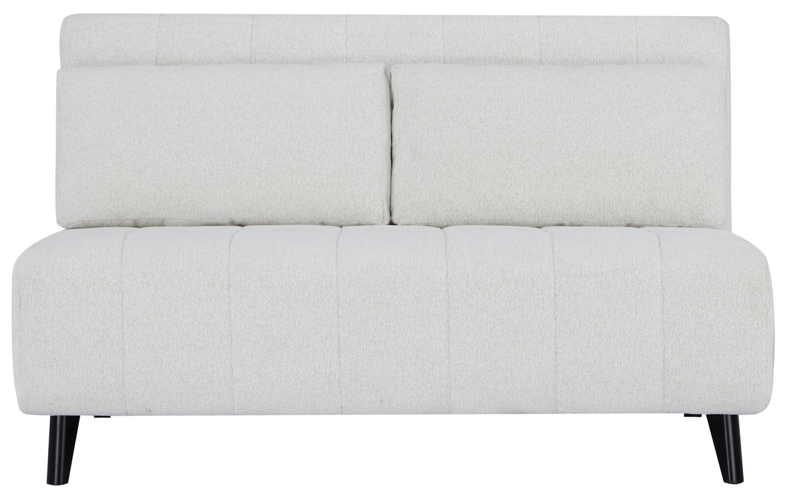 Frontansicht eines modernen, hellgrauen Funktionssofas mit schwarzen Beinen.