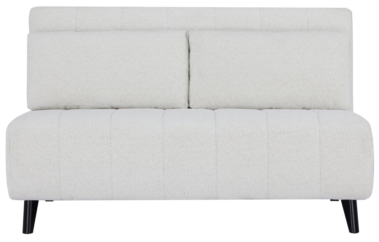 Frontansicht eines modernen, hellgrauen Funktionssofas mit schwarzen Beinen.