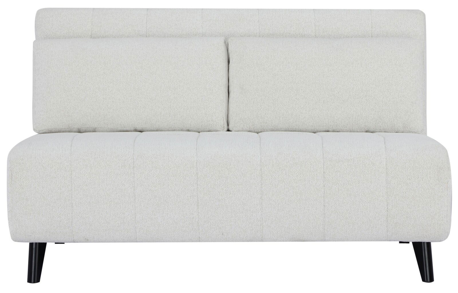 Frontansicht eines modernen, hellgrauen Funktionssofas mit schwarzen Beinen.