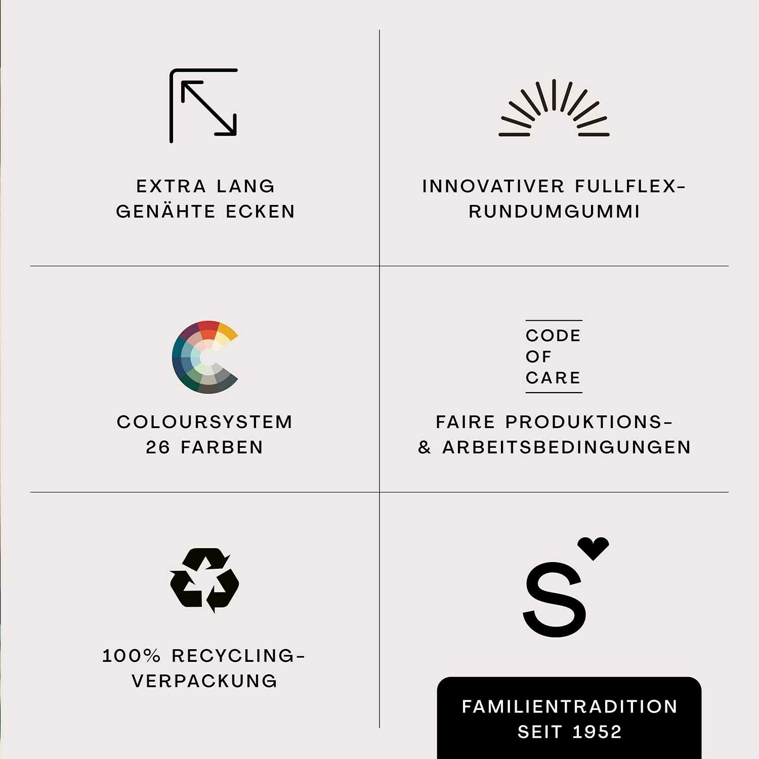 Produktmerkmale: Extra lang genähte Ecken, innovativer Fullflex-Rundumgummi, 26 Farben im ColourSystem, faire Produktions- und Arbeitsbedingungen, 100% Recycling-Verpackung, Familientradition seit 1952. Perspektive: Übersicht der Produktvorteile.