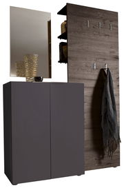 Garderobenkombination mit dunklem Schrank, Spiegel und Holzwand mit Haken, seitliche Perspektive