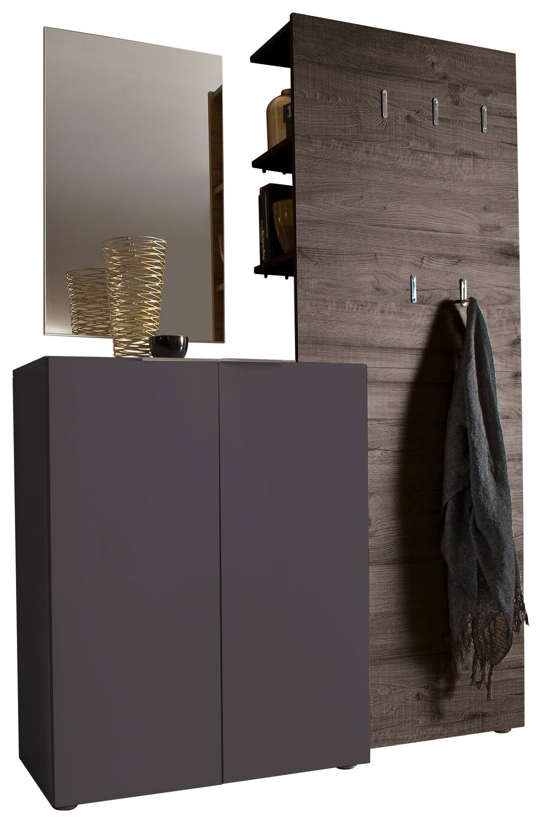 Garderobenkombination mit dunklem Schrank, Spiegel und Holzwand mit Haken, seitliche Perspektive