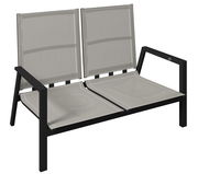 Gartenbank 2er mit schwarzem Metallrahmen und beigem Textilgewebe, seitliche Perspektive