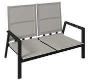 Gartenbank 2er mit schwarzem Metallrahmen und beigem Textilgewebe, seitliche Perspektive