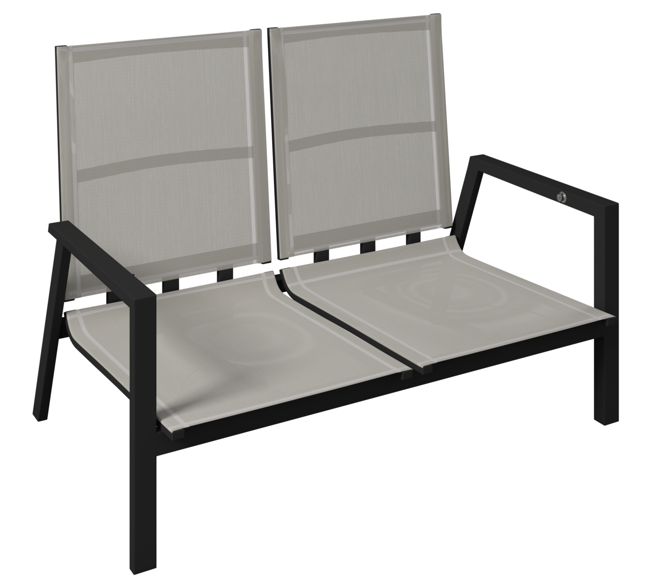 Gartenbank 2er mit schwarzem Metallrahmen und beigem Textilgewebe, seitliche Perspektive
