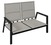 Gartenbank 2er mit schwarzem Metallrahmen und beigem Textilgewebe, seitliche Perspektive