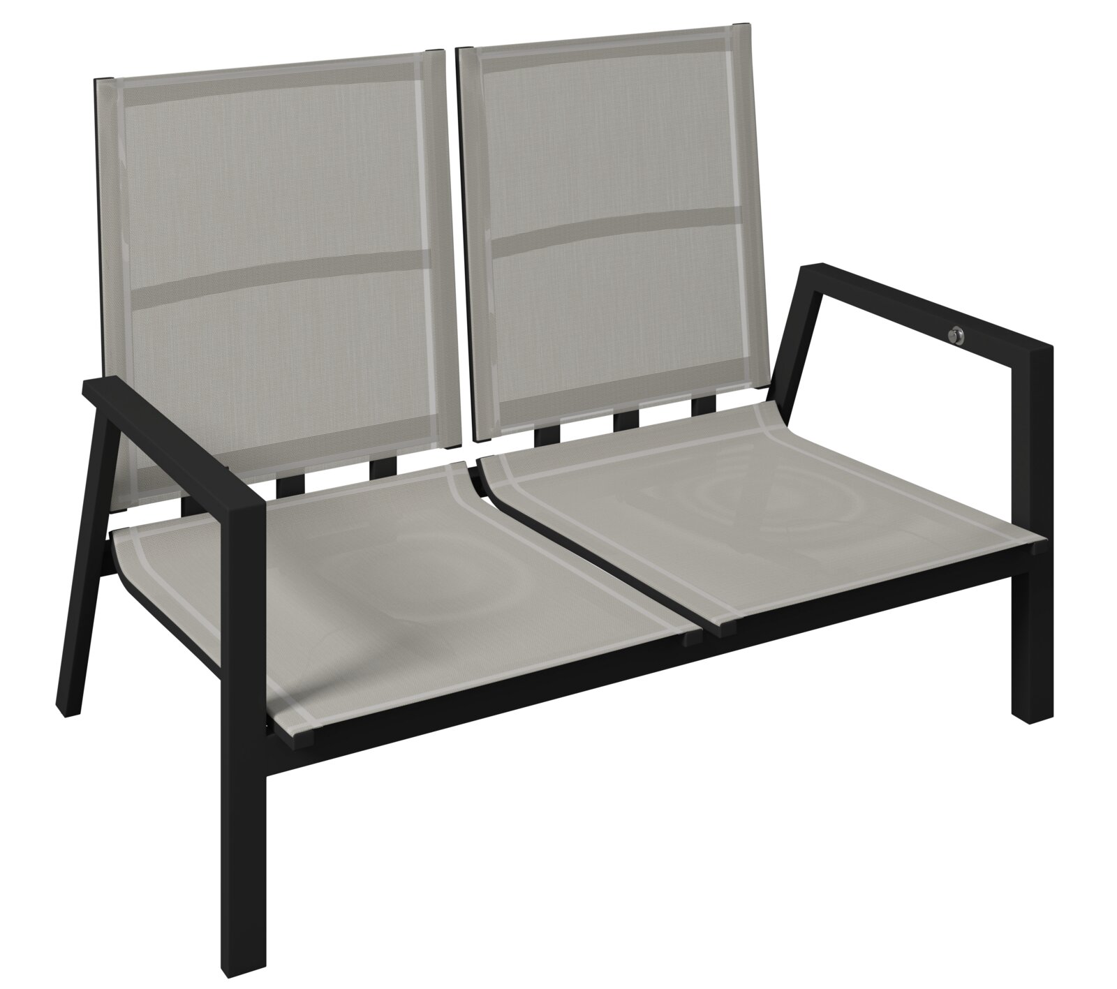 Tuinbank voor twee personen met zwart metalen frame en beige textielbekleding, zijaanzicht