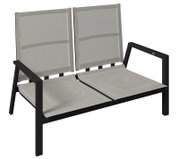Tuinbank voor twee personen met zwart metalen frame en beige textielbekleding, zijaanzicht