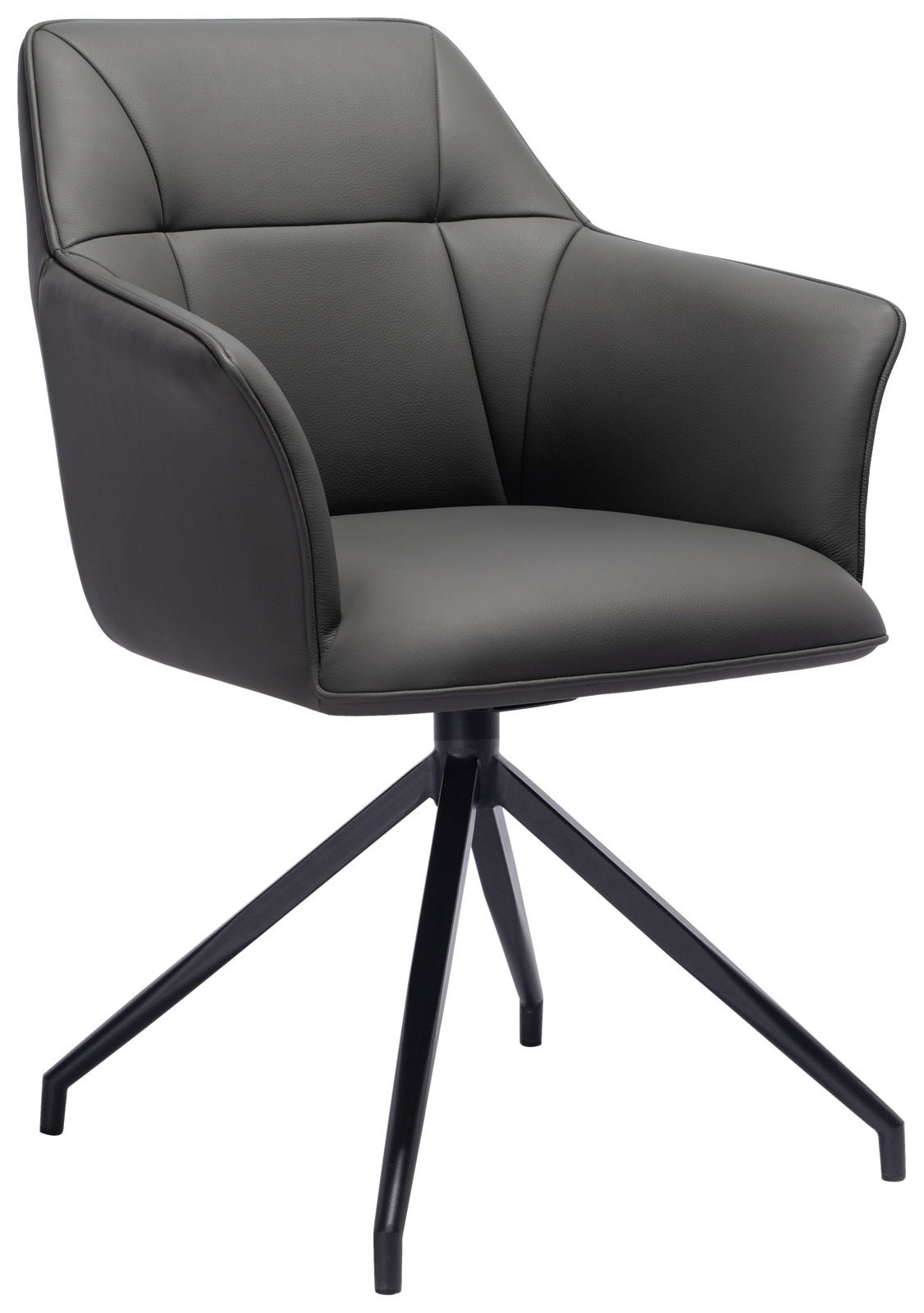 Moderner Armlehnstuhl mit schwarzem Lederbezug und Metallgestell, seitliche Perspektive