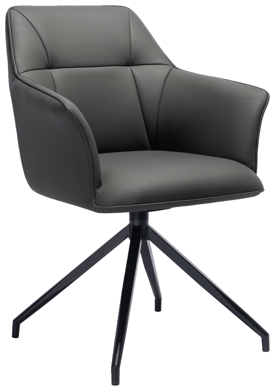 Novel Armlehnstuhl JANINA Moderner Armlehnstuhl mit schwarzem Lederbezug und Metallgestell, seitliche Perspektive