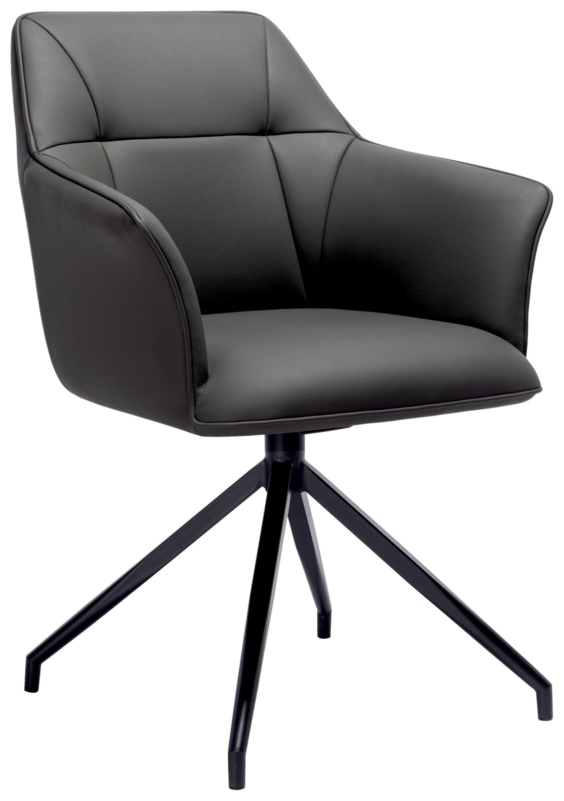 Moderner Armlehnstuhl mit schwarzem Lederbezug und Metallgestell, seitliche Perspektive