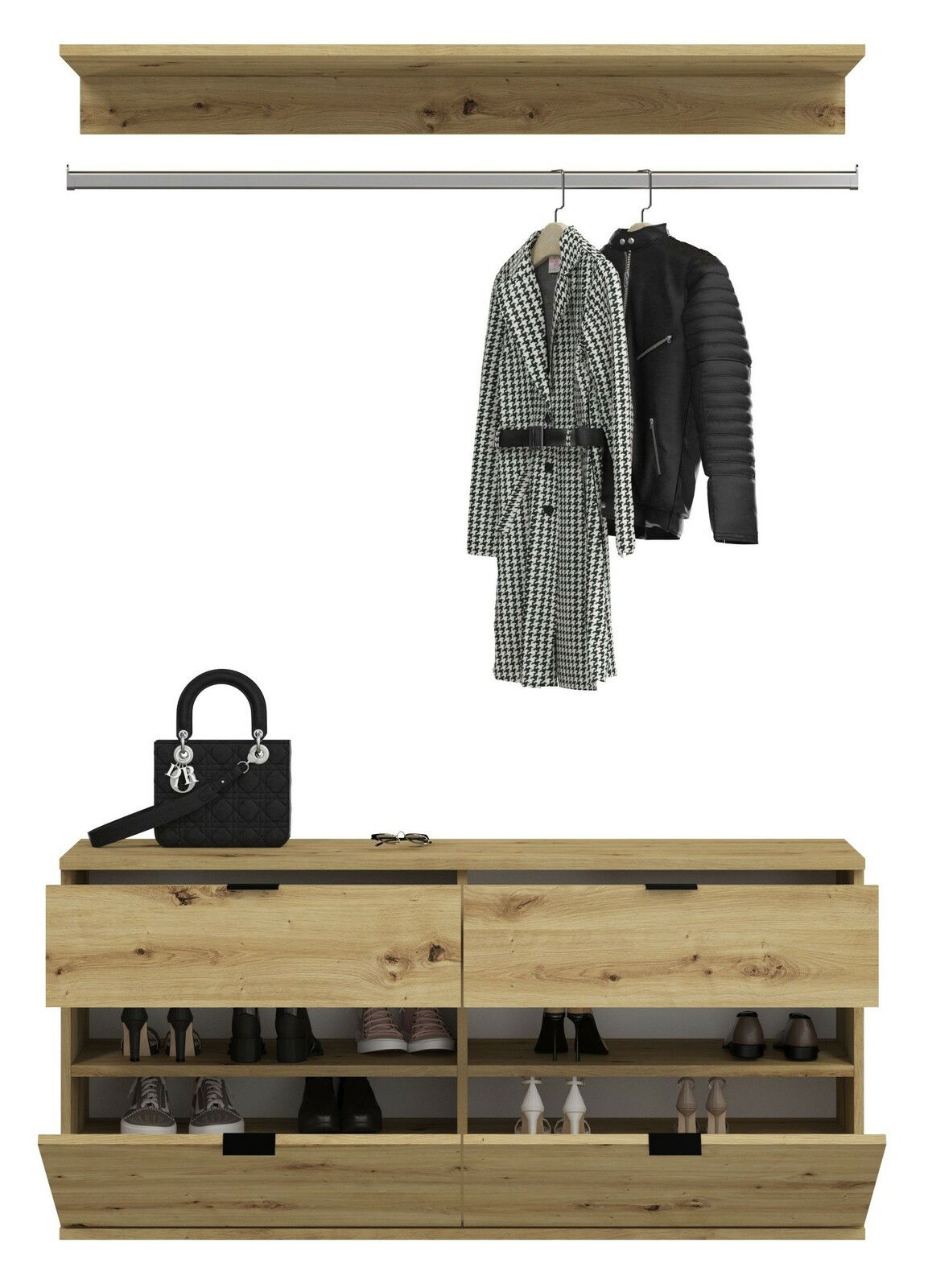 Garderobenkombination aus Holz mit Hängestange, zwei Jacken, Schuhregal und Handtasche, frontale Perspektive