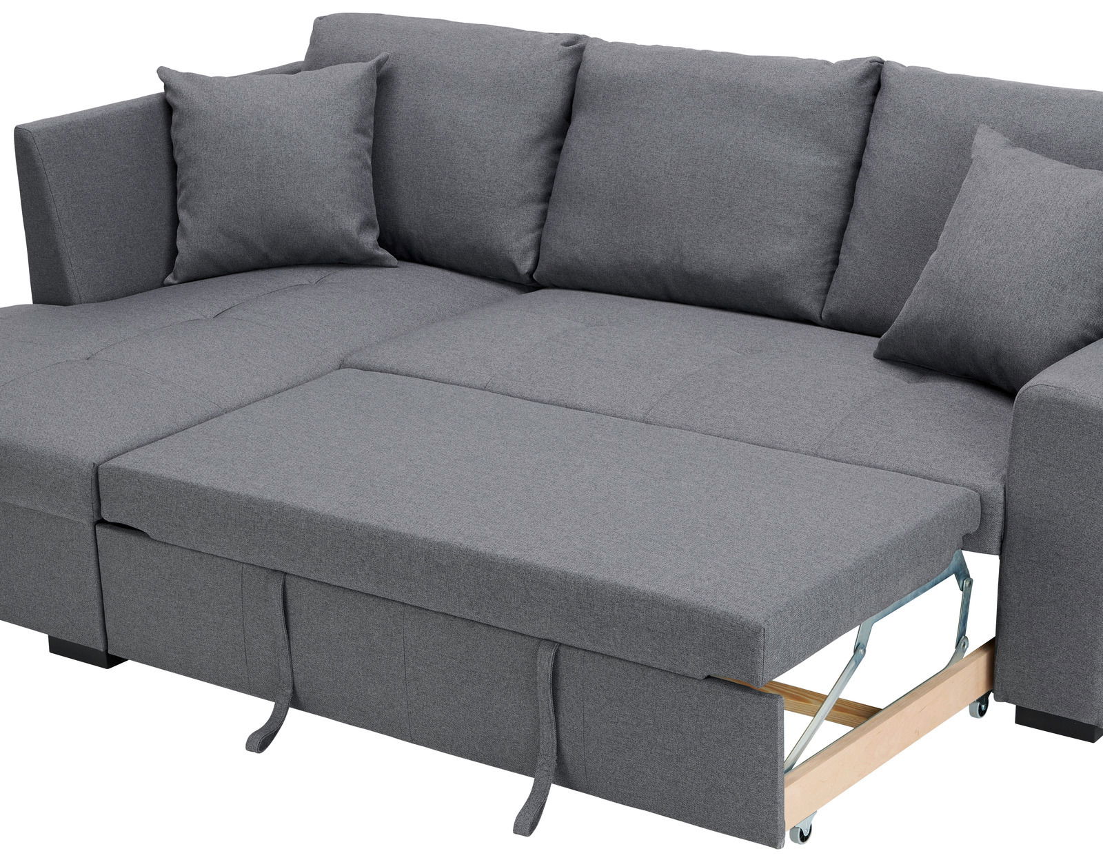 Graues Ecksofa mit ausziehbarem Bettmechanismus, seitliche Perspektive