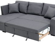 Graues Ecksofa mit ausziehbarem Bettmechanismus, seitliche Perspektive