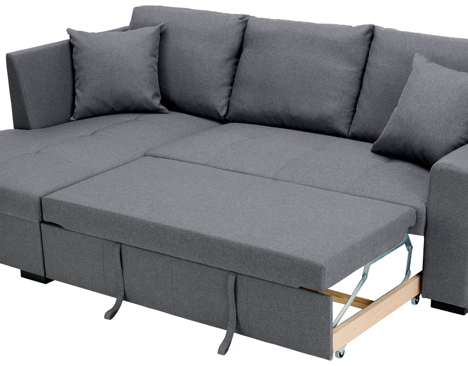 Graues Ecksofa mit ausziehbarem Bettmechanismus, seitliche Perspektive