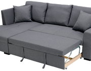 Graues Ecksofa mit ausziehbarem Bettmechanismus, seitliche Perspektive