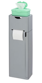 6-in-1 Stand WC-Garnitur Imon in grauer Farbe mit integriertem Toilettenpapierhalter und grünem Feuchttuchspender, frontal betrachtet.