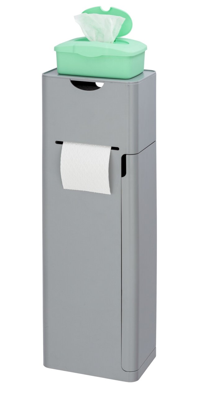 6-in-1 Stand WC-Garnitur Imon in grauer Farbe mit integriertem Toilettenpapierhalter und grünem Feuchttuchspender, frontal betrachtet.