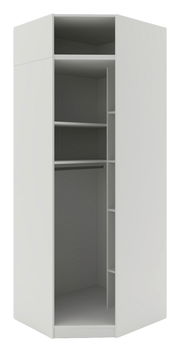 Eckschrank Korpus 242 in weißer Farbe, offene Frontansicht mit mehreren Regalböden und Kleiderstange, perspektivische Ansicht von vorne