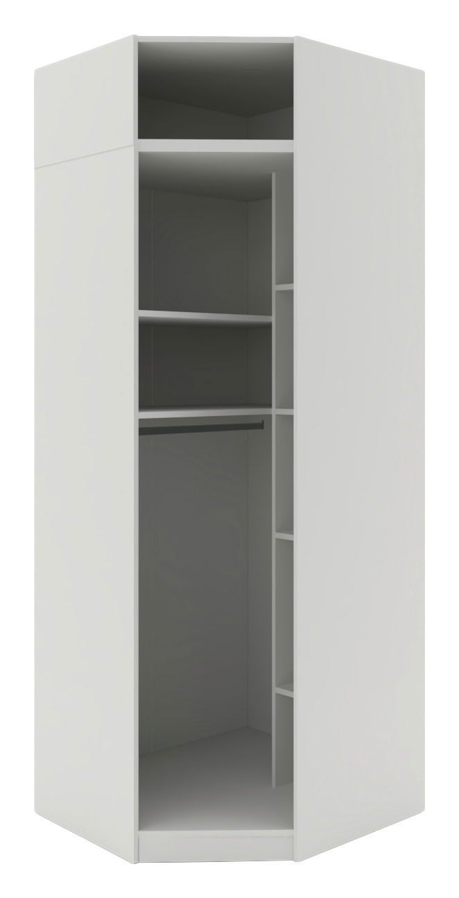 Eckschrank Korpus 242 in weißer Farbe, offene Frontansicht mit mehreren Regalböden und Kleiderstange, perspektivische Ansicht von vorne