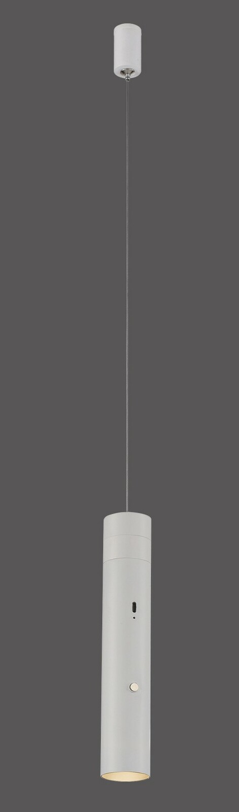Moderne Akku-Pendelleuchte in zylindrischer Form, von der Seite betrachtet, mit schlichtem Design und neutraler Farbgebung.