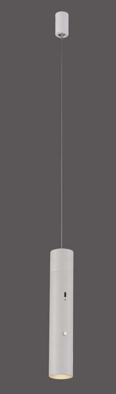 Moderne Akku-Pendelleuchte in zylindrischer Form, von der Seite betrachtet, mit schlichtem Design und neutraler Farbgebung.