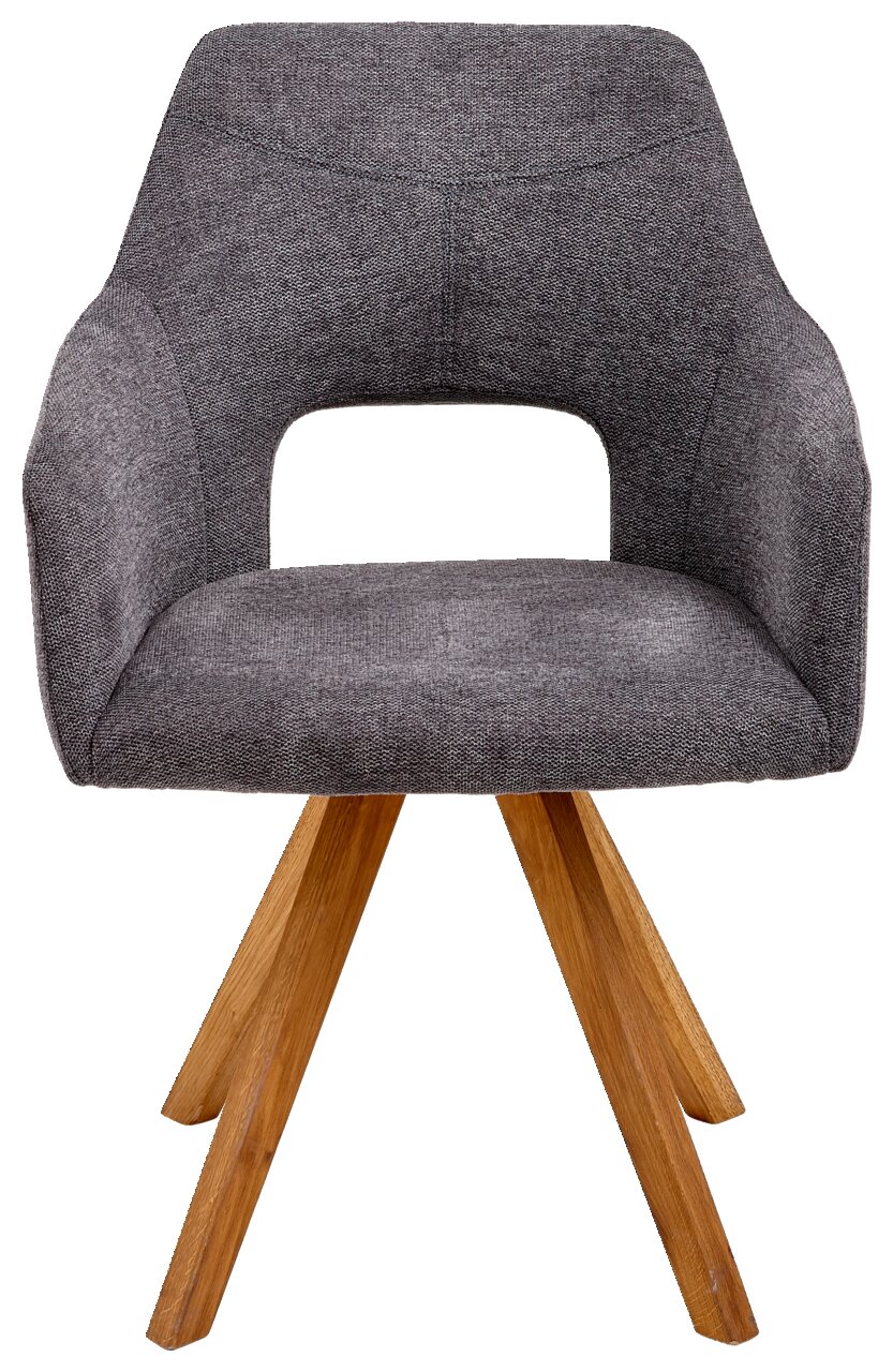 Grauer Sessel mit Holzbeinen, Vorderansicht